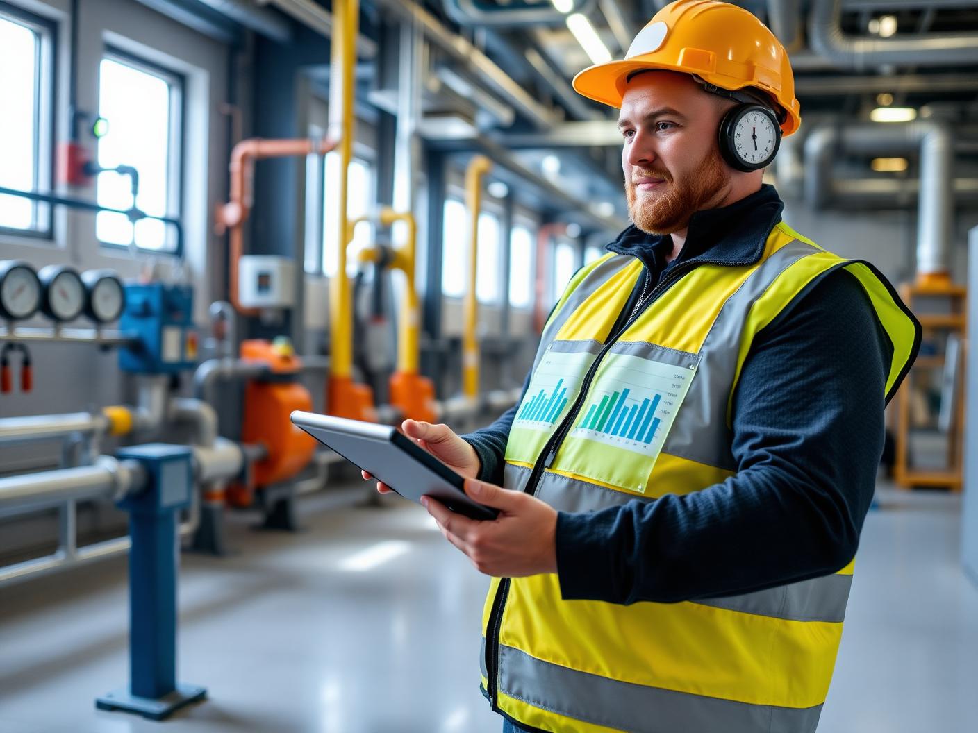 Ingénieur relevant les consommations énergétiques sur tablette dans une usine