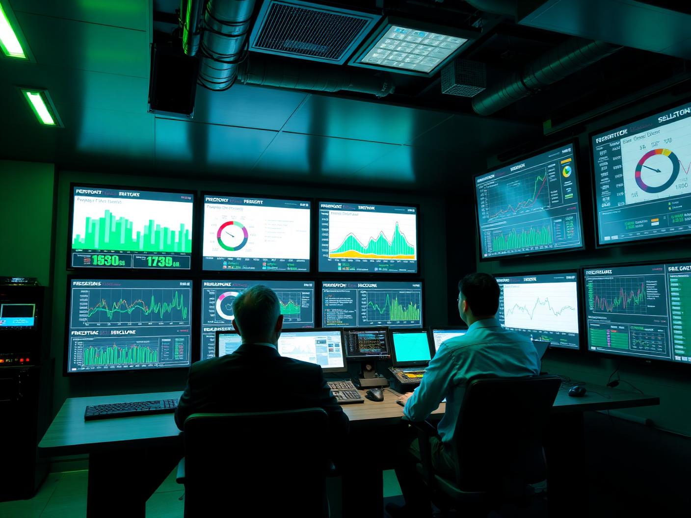 Salle de contrôle affichant des tableaux de bord de performance énergétique
