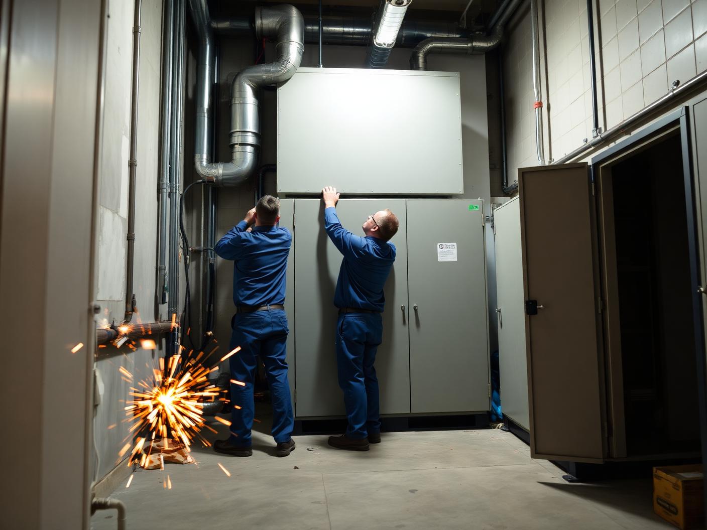 Techniciens installant un équipement de récupération de chaleur