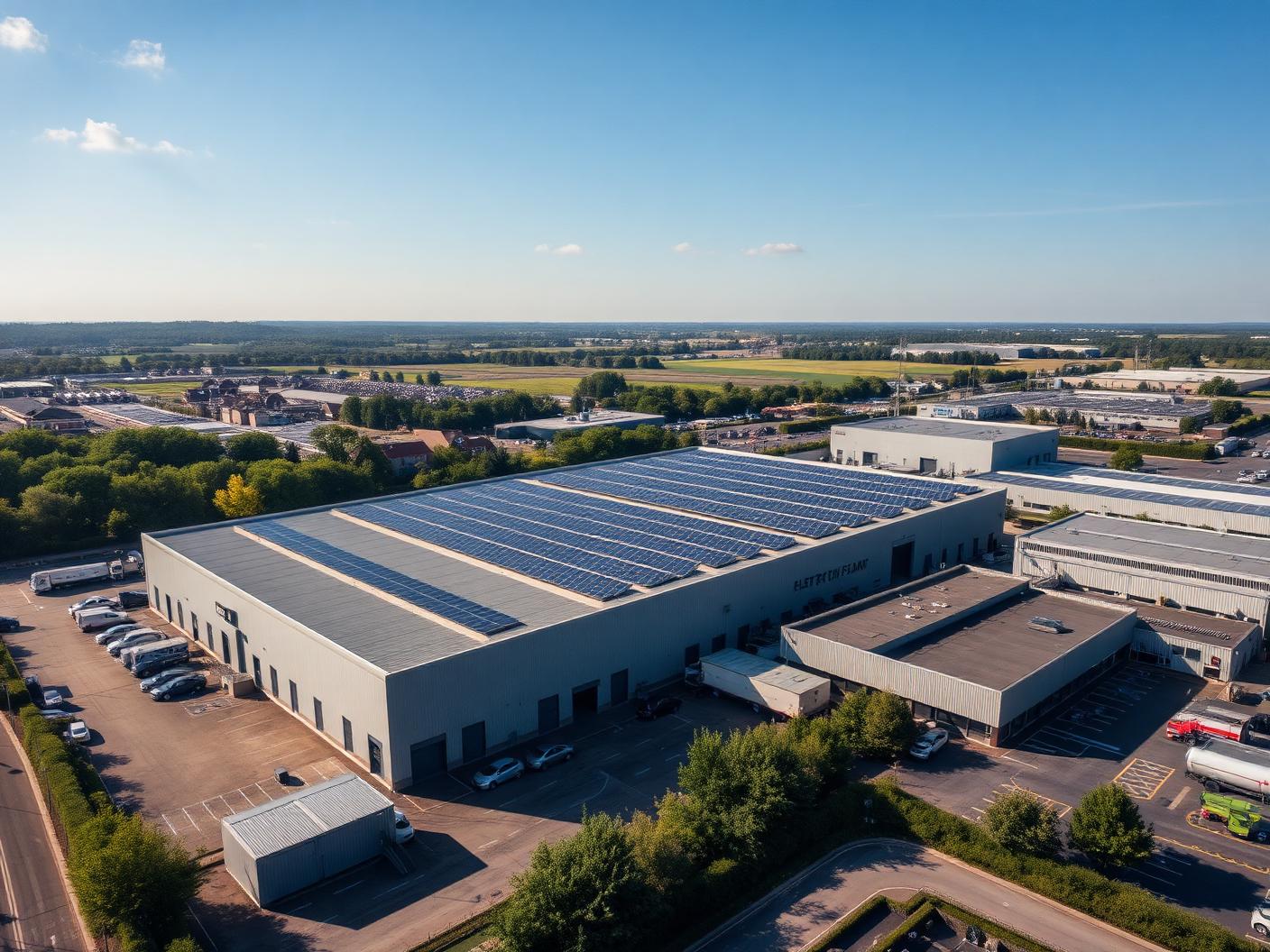 Vue aérienne d'un entrepôt logistique équipé de panneaux solaires